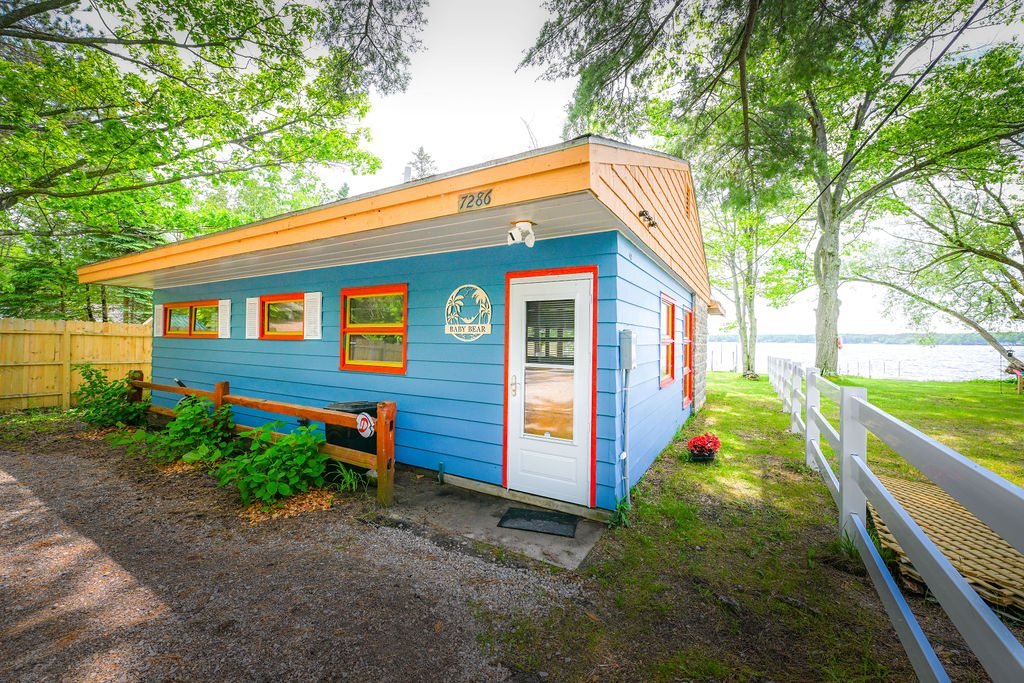 Blue waterfront cottage